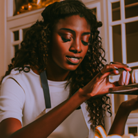 Crie uma uma imagem realista de uma jovem confeiteira negra confeccionando macarons numa cozinha com bancada de mármore e armários brancos 